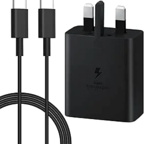 PrimePicks™ Fast Charger for Samsung Galaxy Charger Head with Charging Cable 45 watts, Travel Adapter, Super-Fast Charging (UK Plug with USB Type-C Cable), Black