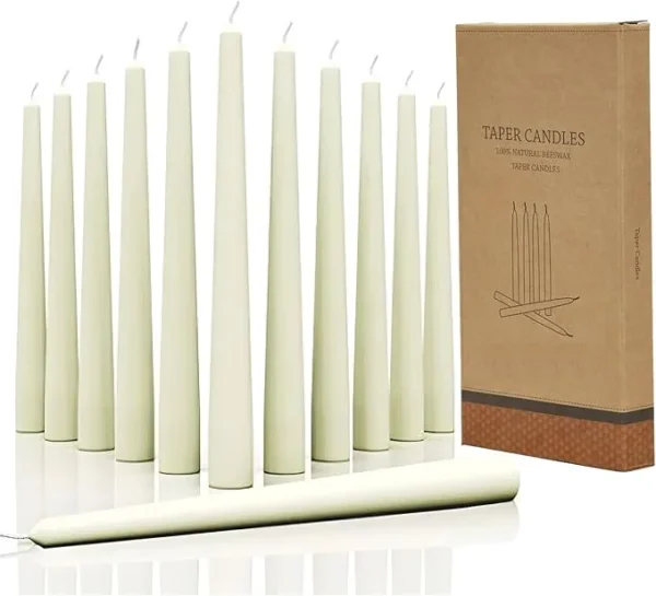 Prime Picks™ Taper Candlesticks 10 inch/25cm set of 12 Ivory 8 Hour Burn Time Dripless,Smokeless Long T-Perfect as Dinner and Household