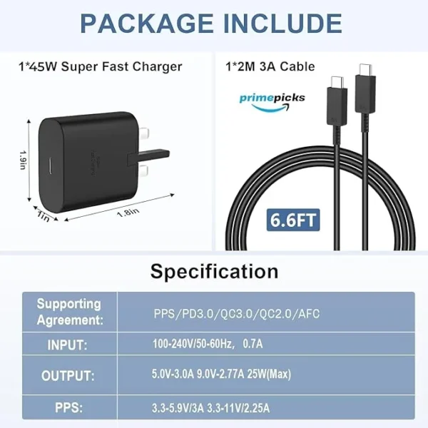 PrimePicks™ Fast Charger for Samsung Galaxy Charger Head with Charging Cable 45 watts, Travel Adapter, Super-Fast Charging (UK Plug with USB Type-C Cable), Black - Image 2