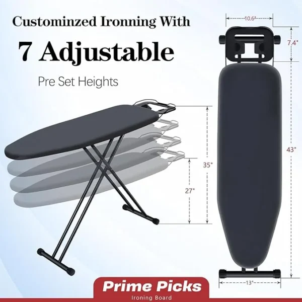 PrimePicks™ Heavy Duty Compact Iron Board with Iron Rest, Heat Resistant Cover with Ultra Thick Padding, Height Adjustable Sturdy Iron Stand, Black - Image 3