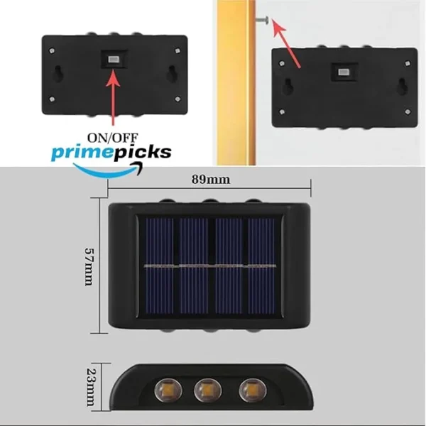 PrimePicks™ 2 Pack 6 Led Solar Up Down Wall Lights Outdoor, Warm White Illuminate Waterproof Wall Lamps for House Small Exterior Light Fixture Décor for Garden Porch Home. - Image 2