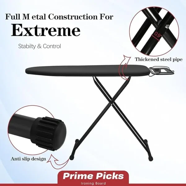 PrimePicks™ Heavy Duty Compact Iron Board with Iron Rest, Heat Resistant Cover with Ultra Thick Padding, Height Adjustable Sturdy Iron Stand, Black - Image 4