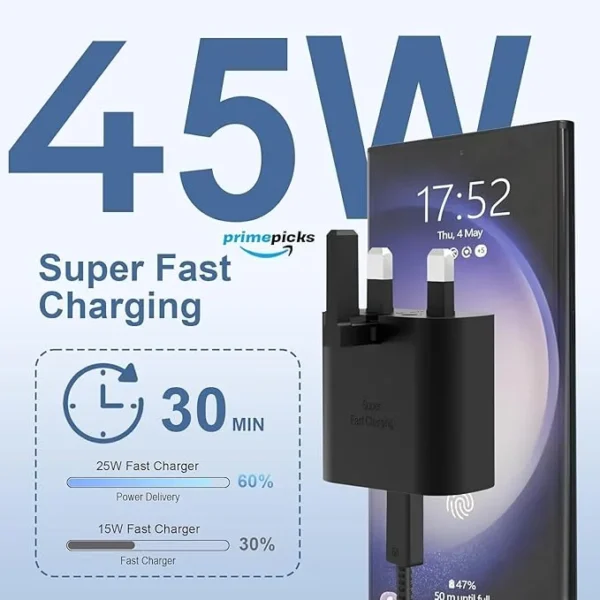 PrimePicks™ Fast Charger for Samsung Galaxy Charger Head with Charging Cable 45 watts, Travel Adapter, Super-Fast Charging (UK Plug with USB Type-C Cable), Black - Image 3