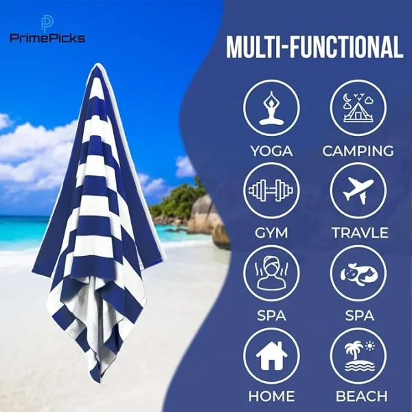 PrimePicks™ 100% Cotton Oversized Beach Towel 2PC, 90cm X 160cm Bath Towels, Cabana Stripe Pool Towel, Oversized Towel, Highly Absorbent, Quick Dry Travel Towel - Blue - Image 6