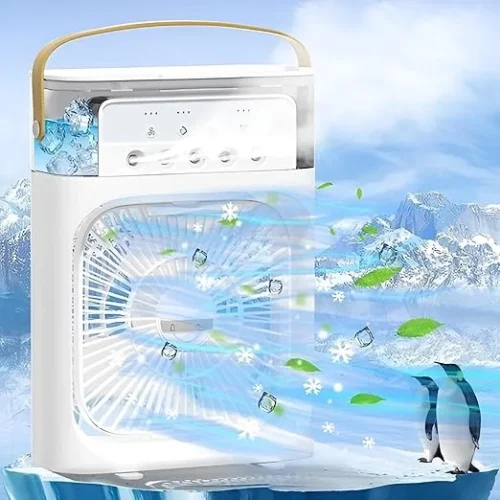 PrimePicks™ Portable Rechargeable Air Conditioner and Air Cooler with 700ml Water Tank, USB Powered, 3 Wind Modes, 5 Mist Vents, 7 Night Lights, and Timer with Cooling Fan