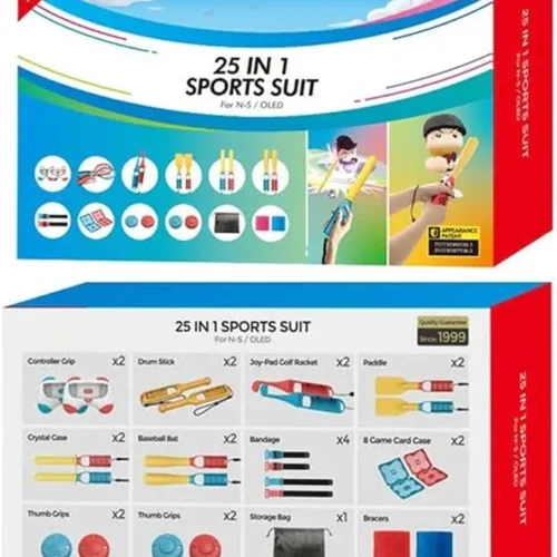 PrimePicks™ 25 in 1 Sports Suit For N-Switch TNS-2168 / Nintendo Switch OLED Switch Accessories Bundle with Tennis Racket Controller Grip Golf Club Paddle Baseball Bat Wrist&Leg Straps