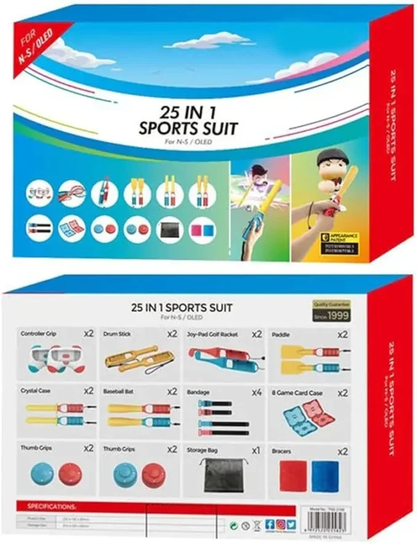 PrimePicks™ 25 in 1 Sports Suit For N-Switch TNS-2168 / Nintendo Switch OLED Switch Accessories Bundle with Tennis Racket Controller Grip Golf Club Paddle Baseball Bat Wrist&Leg Straps