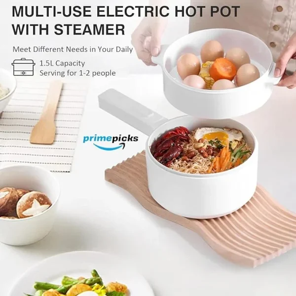 PrimePicks™ Electric Non-Stick Hot Pot Pan with Steamer, 1.5L Multi-functional Mini Portable Pot for Steak, Fried Rice, Noodles, Ramen, Oatmeal, Soup and More - Image 5