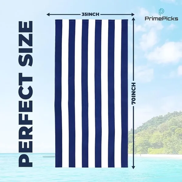 PrimePicks™ 100% Cotton Oversized Beach Towel 2PC, 90cm X 160cm Bath Towels, Cabana Stripe Pool Towel, Oversized Towel, Highly Absorbent, Quick Dry Travel Towel - Blue - Image 4