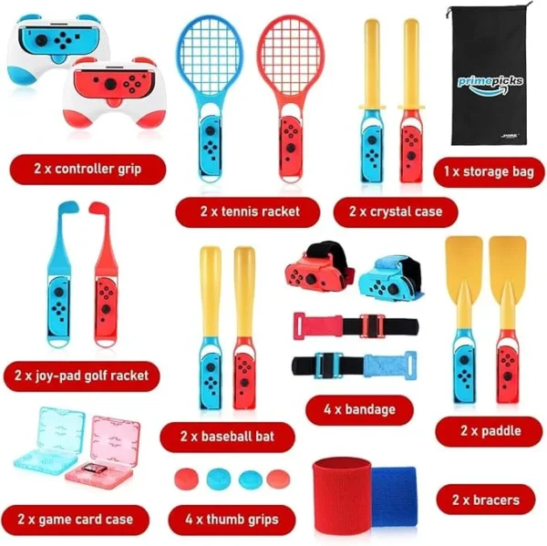 PrimePicks™ 25 in 1 Sports Suit For N-Switch TNS-2168 / Nintendo Switch OLED Switch Accessories Bundle with Tennis Racket Controller Grip Golf Club Paddle Baseball Bat Wrist&Leg Straps - Image 5