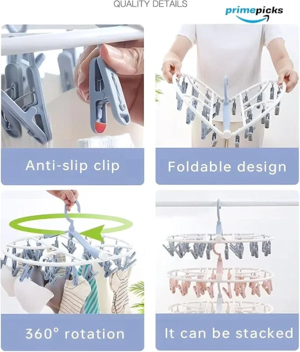 PrimePicks™ Clip Hangers Foldable Hanger with 32 Drying Clips,Plastic Laundry Clip 360° Rotatable Drying Rack for Socks, Lingerie, Towels and Other Small Objects - Image 6