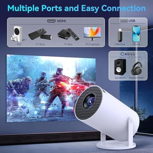 PrimePicks™ Mini Projector with Android, Portable Projector 5G WiFi6 BT5.0, Smart Projector 4K 1080P Full HD Support Auto Horizontal, 180°Rotatable Home/Outdoor Projector for Phone/TV Stick/Laptop - Image 4