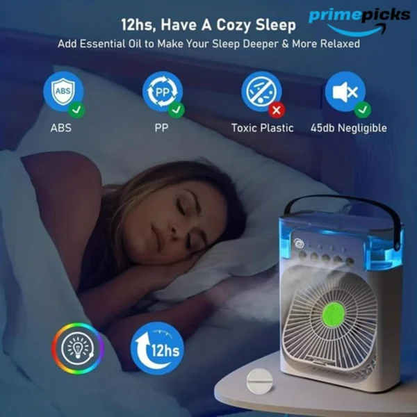 PrimePicks™ Portable Rechargeable Air Conditioner and Air Cooler with 700ml Water Tank, USB Powered, 3 Wind Modes, 5 Mist Vents, 7 Night Lights, and Timer with Cooling Fan - Image 2