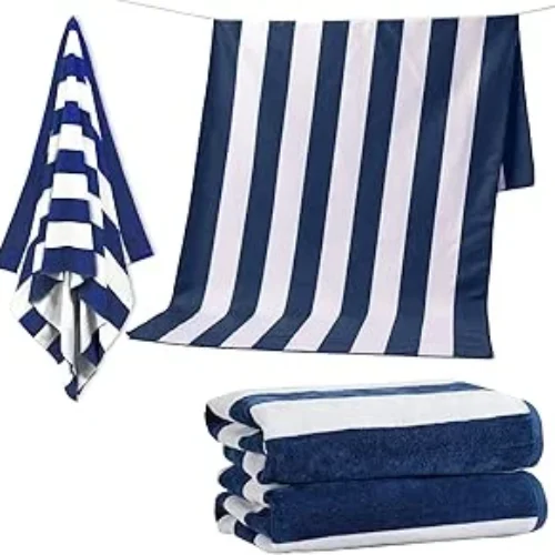 PrimePicks™ 100% Cotton Oversized Beach Towel 2PC, 90cm X 160cm Bath Towels, Cabana Stripe Pool Towel, Oversized Towel, Highly Absorbent, Quick Dry Travel Towel – Blue