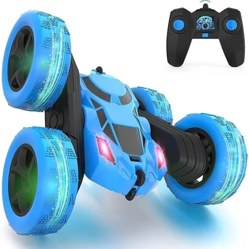 PrimePicks™ Remote Control Car For Kids With Cool Lighting – Double Sided 360°Rotating 4WD RC Cars 2.4GHz Electric Race Stunt Toy Car Off-Road Drifting Car Rechargeable | Toys For Boys | (BLUE) (Blue)