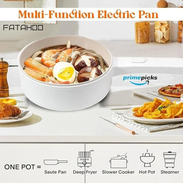 PrimePicks™ Electric Non-Stick Hot Pot Pan with Steamer, 1.5L Multi-functional Mini Portable Pot for Steak, Fried Rice, Noodles, Ramen, Oatmeal, Soup and More - Image 6