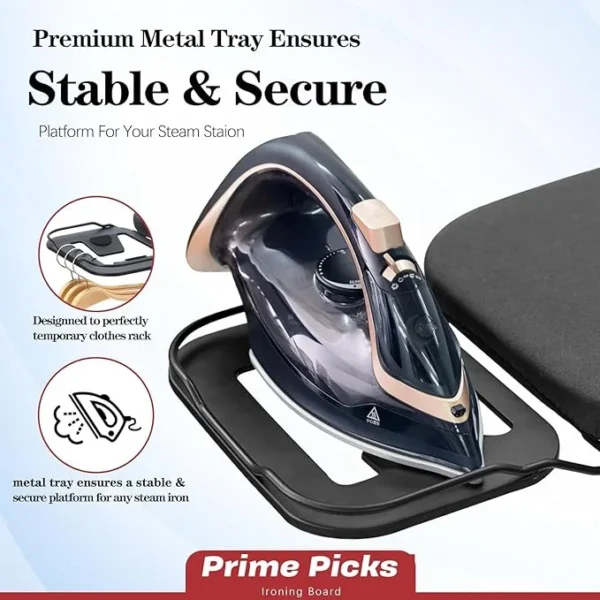 PrimePicks™ Heavy Duty Compact Iron Board with Iron Rest, Heat Resistant Cover with Ultra Thick Padding, Height Adjustable Sturdy Iron Stand, Black - Image 7