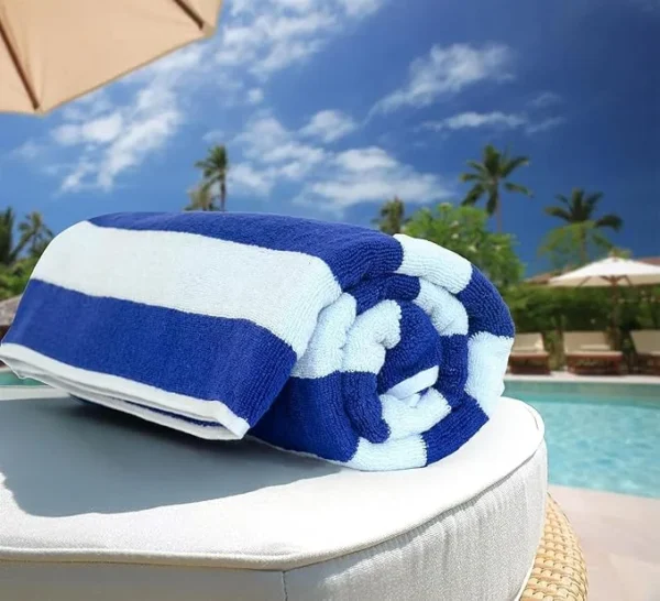 PrimePicks™ 100% Cotton Oversized Beach Towel 2PC, 90cm X 160cm Bath Towels, Cabana Stripe Pool Towel, Oversized Towel, Highly Absorbent, Quick Dry Travel Towel - Blue - Image 5