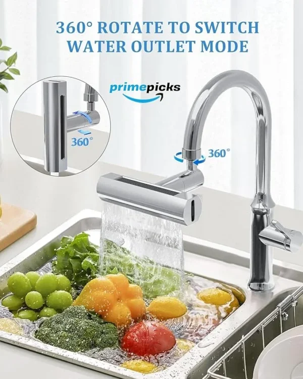 PrimePicks™ Waterfall Kitchen Faucet (4 in 1) 360° Rotating Water Saving Kitchen Sink Faucet Sprayer for Washing Fruit Vegetable (ABS) - Image 6